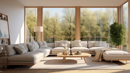 modern living room with large windows and white sofas