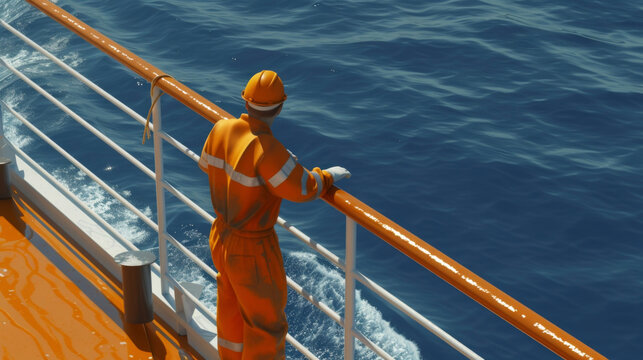 A deckhand carefully painting the ships railing ensuring its protection against the harsh marine environment.