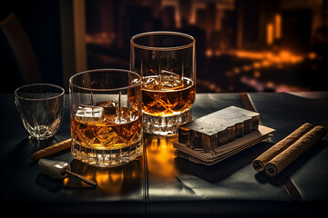 A glass of cognac with ice and cigar on a wooden table retro office made with generative AI