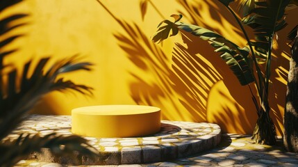 Empty yellow stone circle display with palm leaf and yellow wall background and brick floor. 3D Modern Minimal showcase product presentation with a shadow palm leaf and bright sunlight. Summer concept