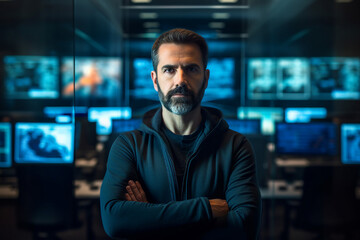 Fototapeta premium Experienced hacker in action breaking software protection server code Generative Ai image pic