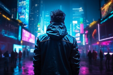 Fototapeta na wymiar Ai generated back view picture of male cyborg personage in a cyberpunk city illuminated neon colors