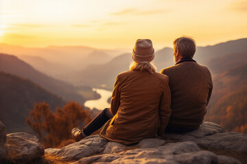 Elderly happy couple enjoying life together admiting sunset in mountains Generative AI technology picture image - obrazy, fototapety, plakaty