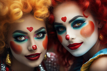 Obraz premium Scary and beautiful circus theme conceptual portrait Generative AI technology man woman performers