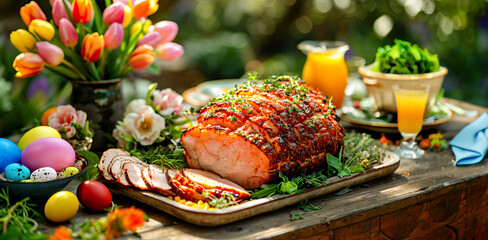 Festive Easter Brunch Spread with Glazed Ham, easter eggs, salads, assorted appetizers and  spring flowers in garden - obrazy, fototapety, plakaty