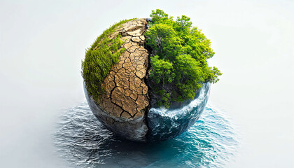 Surreal Depiction of Earth with Half Cracked Dry Land and Half Vibrant River and Forest. World Water Day concept. - obrazy, fototapety, plakaty
