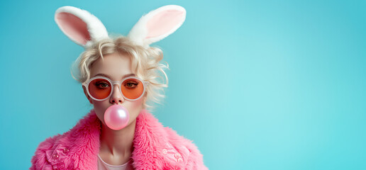 Naklejka premium A fashionable young woman with bunny ears blowing a bubble gum bubble, in a stylish pink jacket on teal background. Happy Easter concept