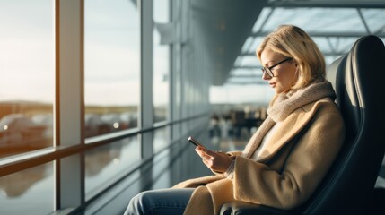 A Businesswoman Waits for a Flight, Uses a Smartphone, and sits in the Boarding Lounge of an...