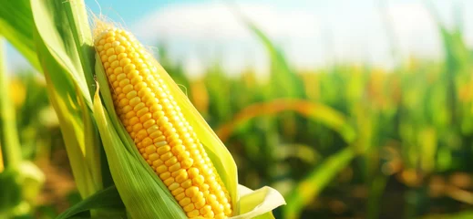 Gordijnen Close-up of ripe golden corn cobs in corn plantation field. Agriculture background. Generative AI © AngrySun