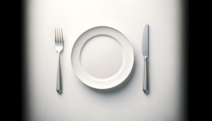 Elegant dinner place setting, pristine plate with fork and knife, Elegance Concept Art, Generative AI