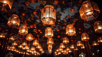 Frame of Glowing Lanterns Create a Magical Atmosphere for Yo New Year Eve Concept,,
Lanterns hanging on the dark background