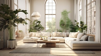 modern living room with large windows and white sofas