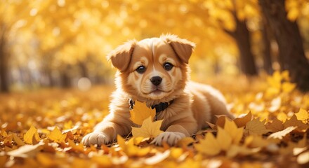 Dog playing in yellow autumn leaves