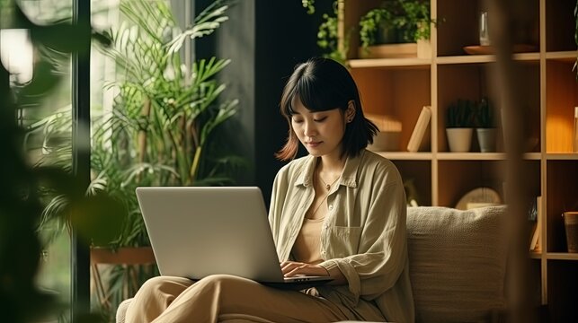 Asian Girl Working on Laptop Online, Using Internet, Sitting on Sofa at Home, Free Space