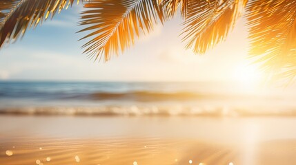 Fototapeta na wymiar Beautiful background for summer vacation and travel. Golden sand of tropical beach, blurry palm leaves and bokeh highlights on water on sunny day