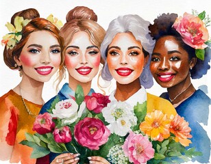 Portret czterech kobiet w różnym wieku i o różnym kolorze skóry i pochodzeniu etnicznym trzymających w dłoniach kwiaty. Dzień kobiet - obrazy, fototapety, plakaty