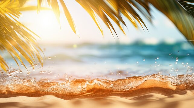 Beautiful background for summer vacation and travel. Golden sand of tropical beach, blurry palm leaves and bokeh highlights on water on sunny day