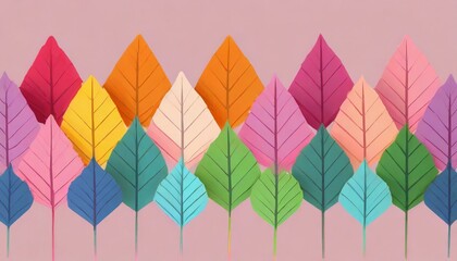 Wzór z kolorowych liści ułożonych na środku różowego tła. Tapeta, tło, ilustracja - obrazy, fototapety, plakaty