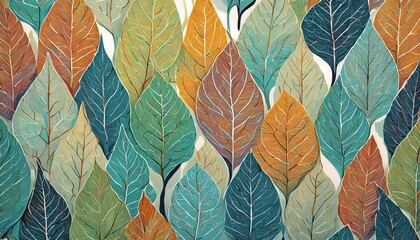 Kolorowe jesienne liście ułożone w rzędach, nakładające się na siebie. Grafika, tapeta, tło