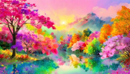 Abstrakcyjny kolorowy krajobraz z drzewami, jeziorem i górami - obrazy, fototapety, plakaty