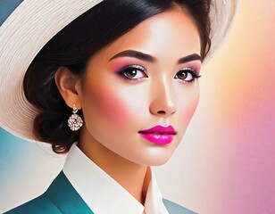Portret pięknej kobiety w kapeluszu i mocnym makijażu