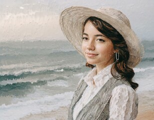 Kobieta nad morzem. Obra, grafika, tło - obrazy, fototapety, plakaty