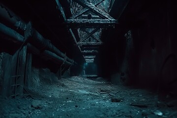 Exploring an old abandoned coal or mineral mine. Dark and dim shaft. old entrance from inside