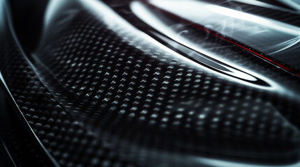 Close-up macro photo of dark, cool carbon fiber material on a sports car's curves with gentle gray smoke rising from tires. Light is reflecting off the material, creating a bright contrast.