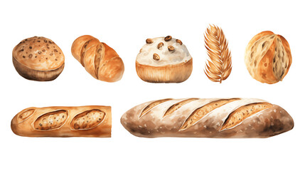 Bread, bakery product  in watercolor style. Buns, baguettes, bread, pastries, and other baked goods. Vintage watercolor concept for a bakery or cafe menu design