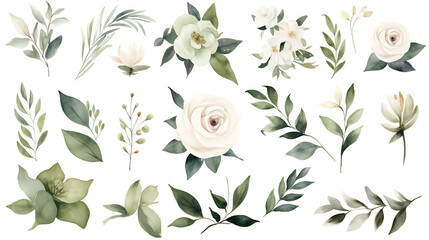 Watercolor rose illustration set. White flowers, green leaves individual elements collection. For bouquets, wreaths, wedding invitations, anniversary, valentine day and birthdays