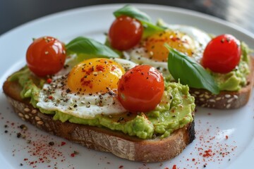 Elevate Your Breakfast: Toast with Creamy Avocado, Eggs, and Cherry Tomatoes