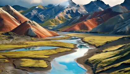 Vibrant rhyolite mountains and winding river in Iceland. Landmannalaugar Multicolored Rhyolite Peaks. - obrazy, fototapety, plakaty
