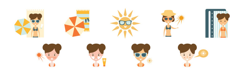 Sun Ultraviolet Protection at Summer Beach Icon Vector Set