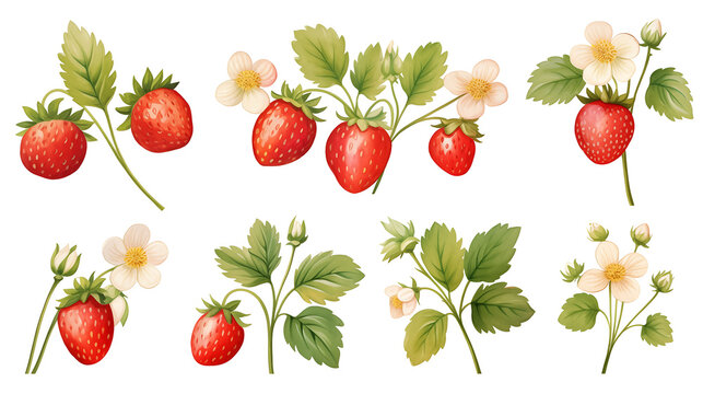 Strawberry Watercolor illustration set. Watercolor cute berry, flowers, leaves on white background 