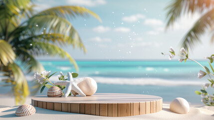 Obraz premium Summer product display on wooden podium at sea tropical beach.