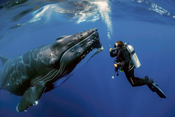 Fototapeta na wymiar A mesmerizing encounter between a scuba diver and a majestic whale, submerged in the vast expanse of the ocean, showcasing the beauty and wonder of marine life
