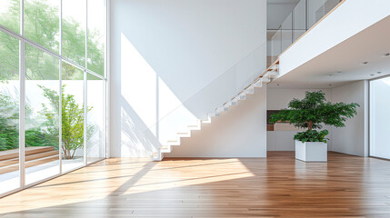 Fototapeta premium Modern house with white walls. Huge empty room with full wall windows.