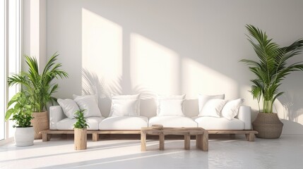 Bright living room minimal featuring a comfortable wooden sofa, wooden square coffee table, white concrete floor, white walls, and home plants