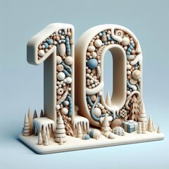 Winter style number ten text design. 3D minimalist clay number text design.