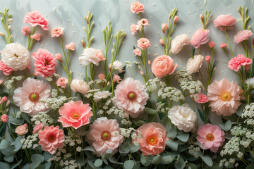 pink and white flowers, Soft Pink Floral Array on Pastel Blue Gradient
