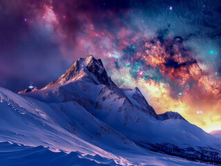 Snowy mountain peak under a starry galactic sky.
