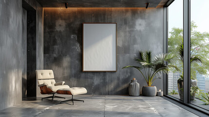 A Brutalist, minimalist room with grunge design, featuring a cozy chair, sleek elements, concrete walls, and natural light from large windows. - obrazy, fototapety, plakaty