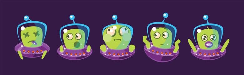 Funny Green Alien in Ufo Shuttle with Antenna Vector Set