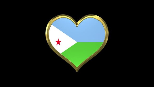 Djibouti Flag In Golden Heart Shape With Alpha Matte. Seamless Loop