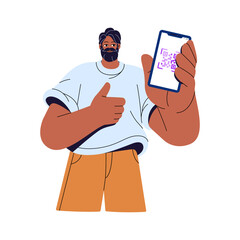 Bearded man shows qr code, link to identity documents. Person presents id qrcode in phone. Character holds smartphone, gesturing thumbs up. Flat isolated vector illustration on white background