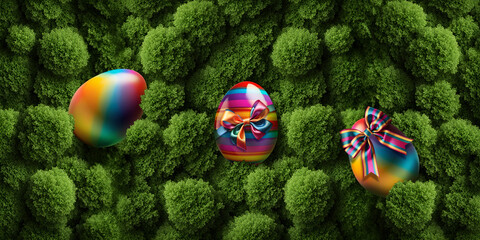 Ovos da páscoa coloridos, escondidos em um grande jardim verde.