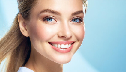Naklejka premium Dental care and health.Woman smile.Correct healthy care of white teeth with clean skin and make-up, beautiful female face, blue eye,pure beauty,light blue background.