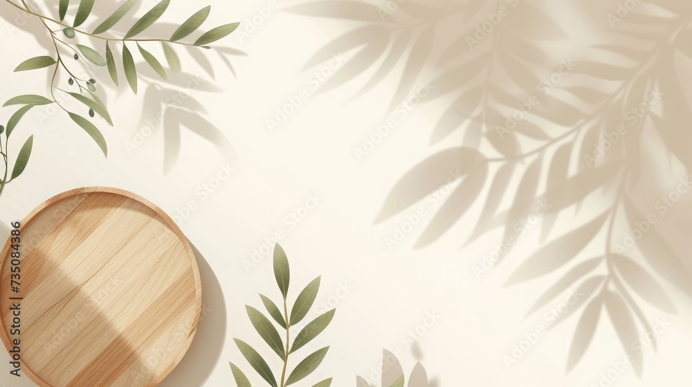 Canvas Prints Top view wooden plate texture mock up with olive leaves branch and shadows leaf white background with copy space