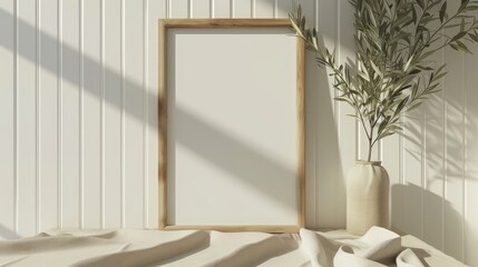 Standing empty brown frame with olive leaf branch in a vase on a beige table fabric against white wall texture