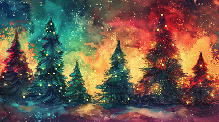Obraz na płótnie Canvas Christmas tree field with lights and lights on it, in the style of vibrant watercolor landscapes, dark red and cyan, dreamlike whimsy, dark turquoise and light amber, detailed painting.